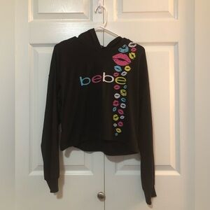 bebe Black Hoodie with Multicolor Lip Prints